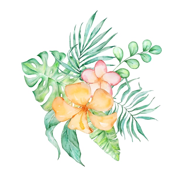 Watercolor tropical bouquet of hibiscus leaves