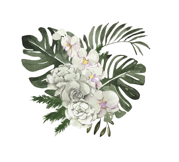 Watercolor tropical bouquet with white roses and monstera leaves