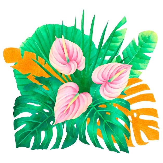 Watercolor tropical composition anthurium flowers palm leaves and monstera exotic bouquet