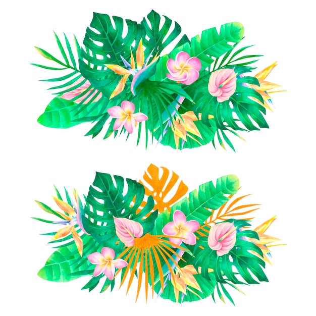 Watercolor tropical composition plumeria strelitzia anthurium palm leaves and monstera bouquet