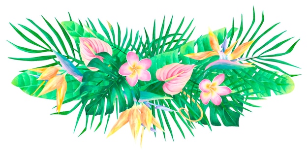 Watercolor tropical composition strelitzia anthurium plumeria palm leaves bouquet jungle arrangement