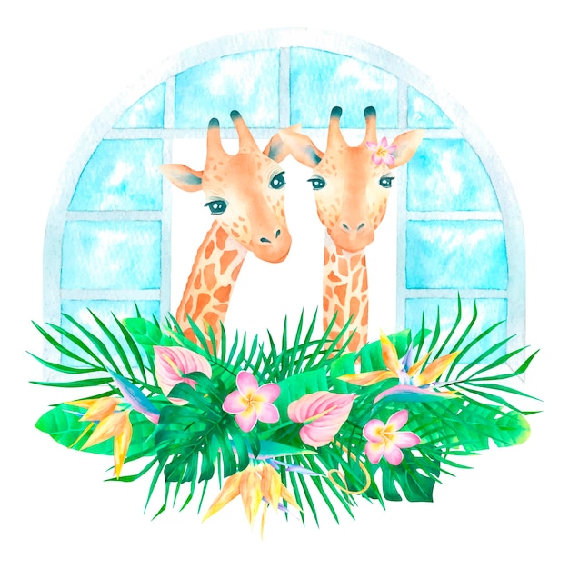 Watercolor tropical composition with giraffe in window and exotic bouquet jungle poster for decor