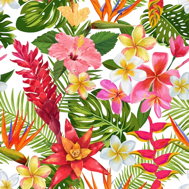 Watercolor Tropical Flowers Seamless Pattern. Exotic Blooming Plumeria Flowers