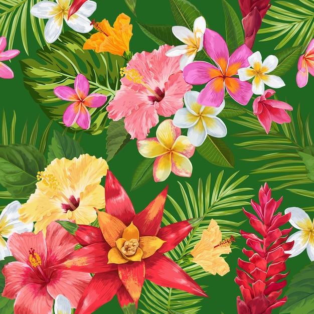 Watercolor Tropical Flowers Seamless Pattern. Exotic Blooming Plumeria Flowers