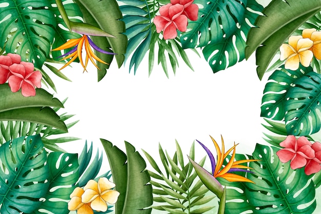 Watercolor tropical summer background with leaves