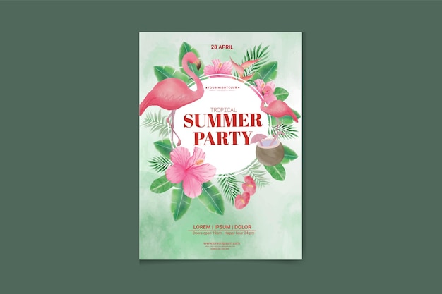 Watercolor Tropical summer party poster template with pink flamingo