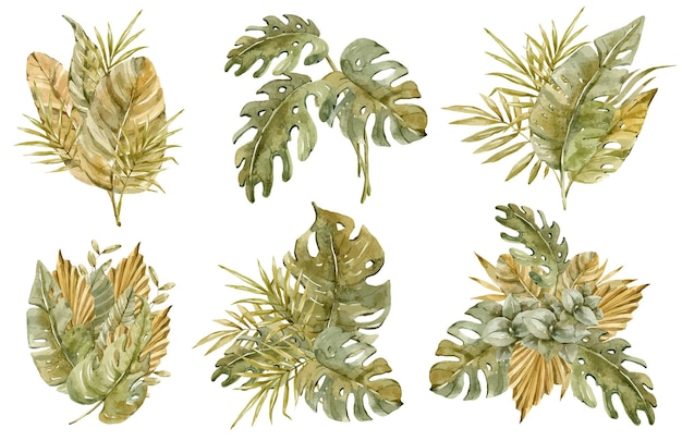 Watercolor tropical wedding bouquet clipart set Hand painted jungle greenery illustrations