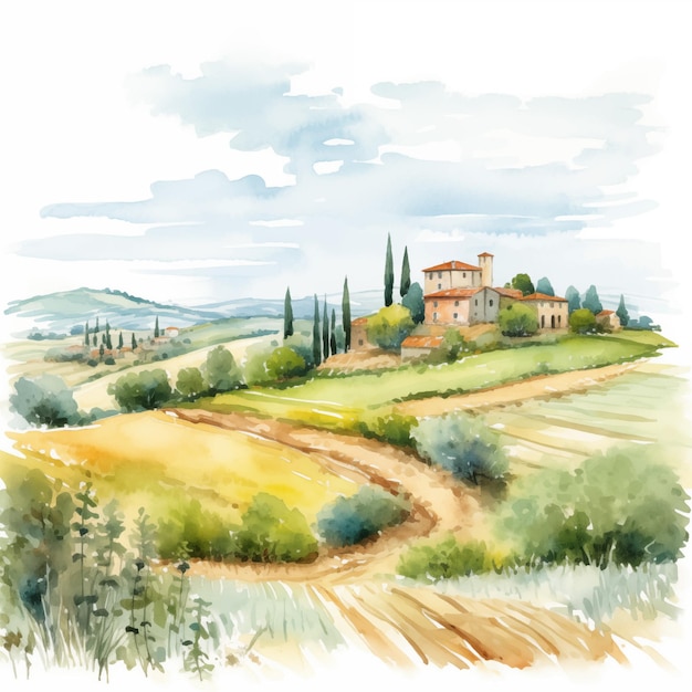 Vector watercolor tuscany gold landscape wedding hills