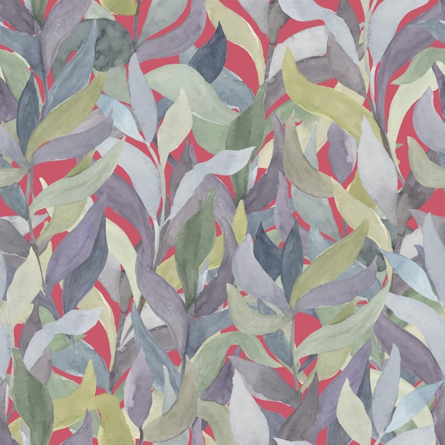 Watercolor twigs with leaves of different colors on a colored background vector seamless pattern Living wall of plants hedge of climbing leaves and branches