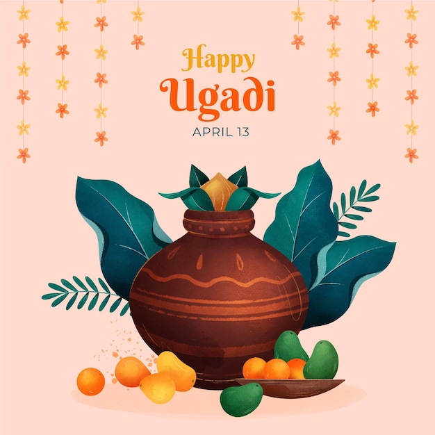 Vector watercolor ugadi illustration