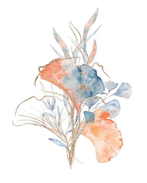 Watercolor underwater floral bouquet with leaves and gold