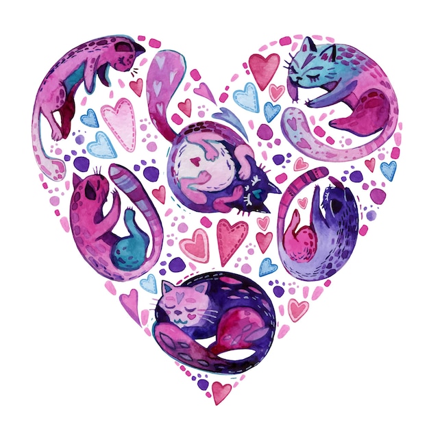 Watercolor Valentine's card in the form of a heart with cats