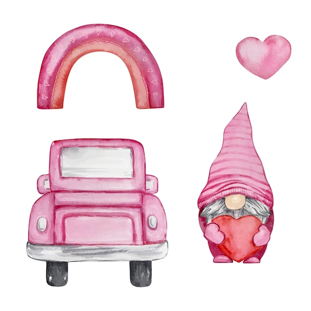 Watercolor Valentine's Day gnome and car