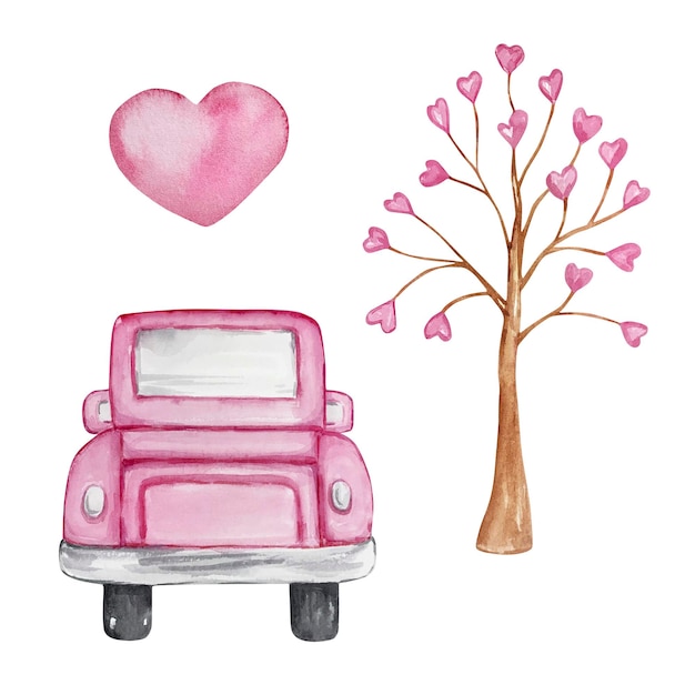 Watercolor valentines day car and tree