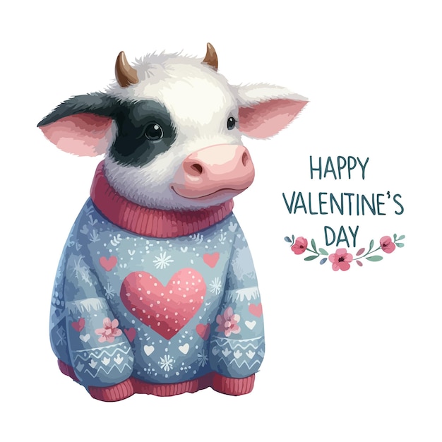 Watercolor Valentines Day card childrens illustration with animal cow