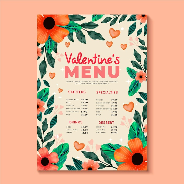 Watercolor valentines day menu template