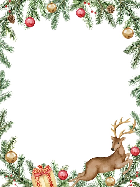 Watercolor vector card with a deer a gift box fir branches and Christmas balls