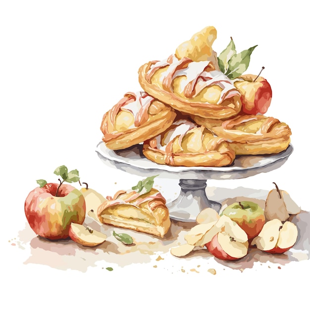 Watercolor vector Chausson aux pommes pastry clipart editable white background