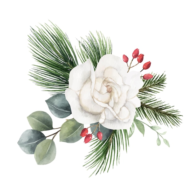 Watercolor vector Christmas bouquet with fir branches and flowers