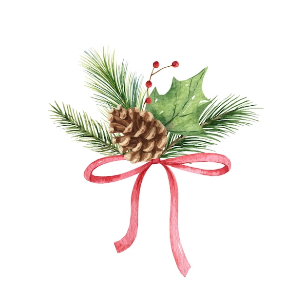 Watercolor vector Christmas bouquet with fir branches leaves and a cone