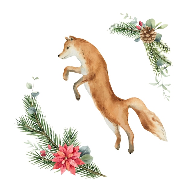 Watercolor vector Christmas card with fox and fir branches