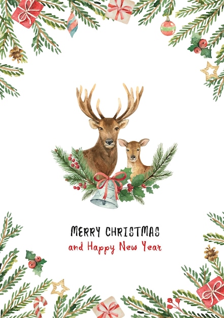 Vector watercolor vector christmas card with reindeer bell and fir branches