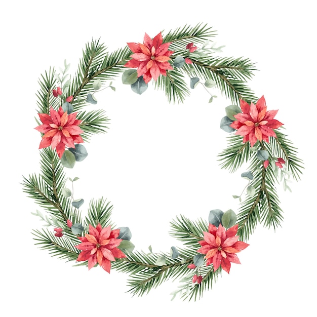 Watercolor vector Christmas wreath with fir branches poinsettia and eucalyptus