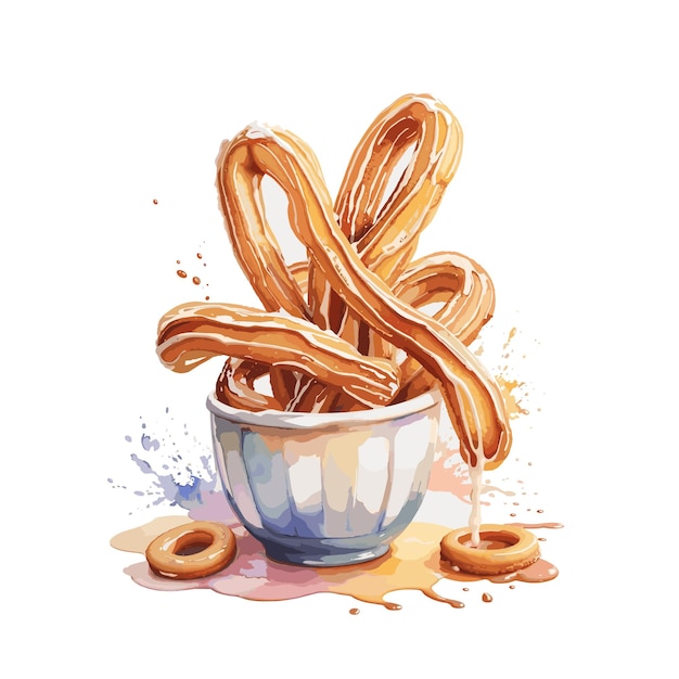 Watercolor vector Churros pastry clipart editable white background