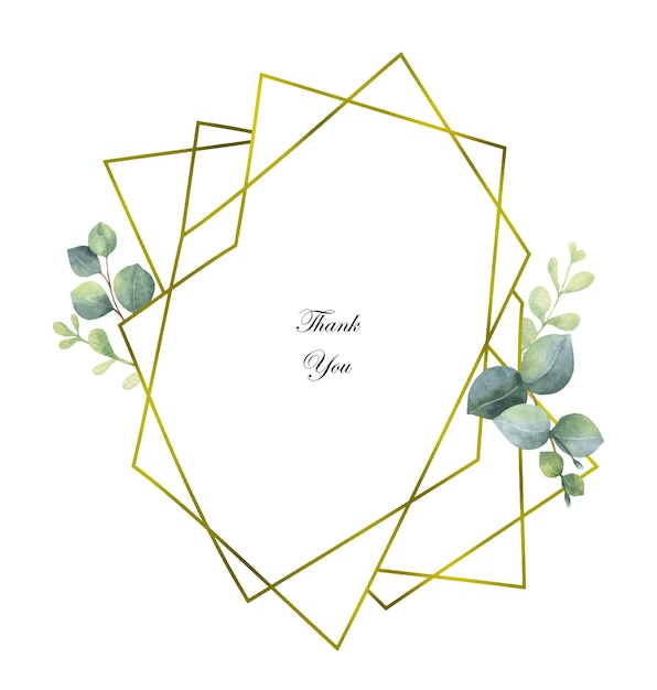 Watercolor vector composition from the branches of eucalyptus and gold geometric frame