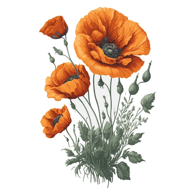 Watercolor Vector Flanders poppy Clipart floral bouquet editable