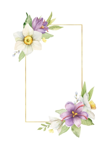 Watercolor vector golden frame with flowers and leaves