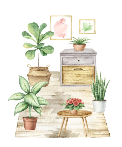 Watercolor vector interior of the house with home plants