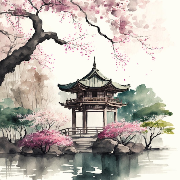 Watercolor vector landscape of cherry blossoms in japanese park