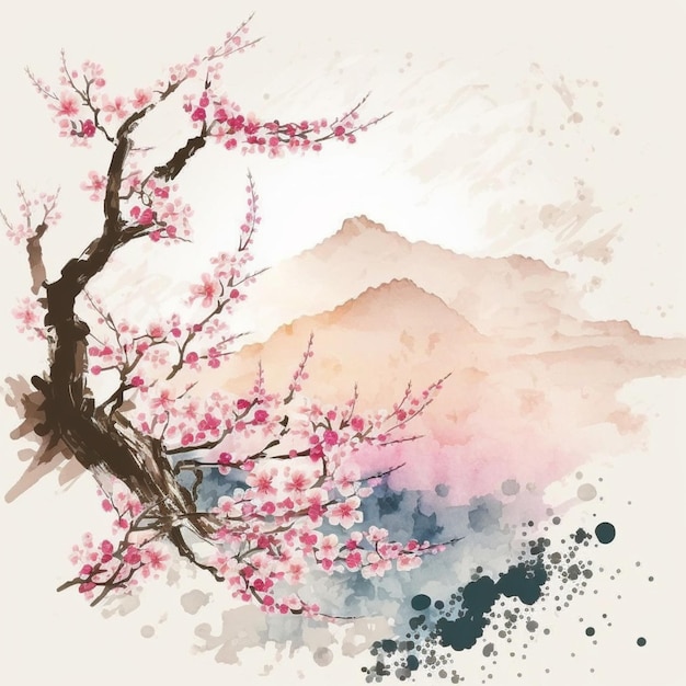 Watercolor vector landscape of cherry blossoms in japanese park