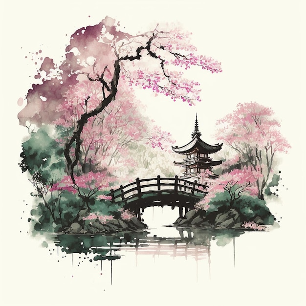 Watercolor vector landscape of cherry blossoms in japanese park