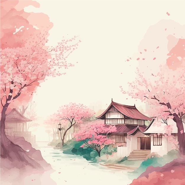 Watercolor vector landscape of cherry blossoms in japanese park