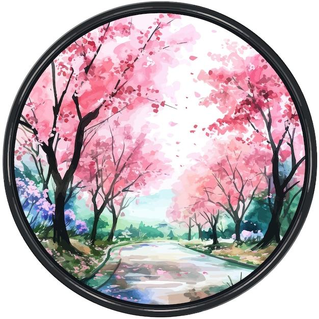 Watercolor vector landscape of cherry blossoms