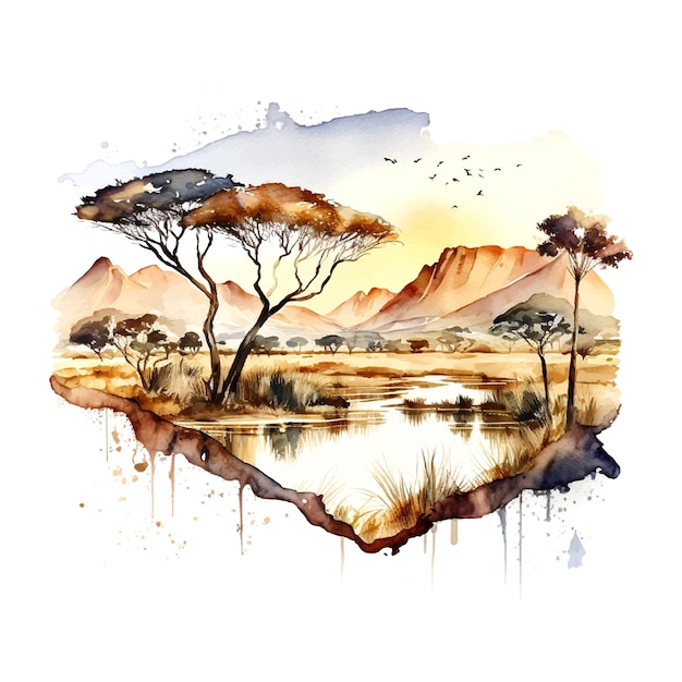 Watercolor vector pastel horizontal illustration with african landscape meadow grass and acacia