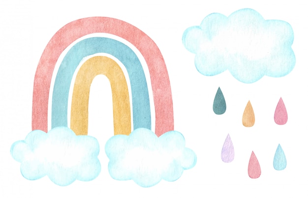 Watercolor vector rainbow with clouds and rain. Nursery, baby shower illustration.