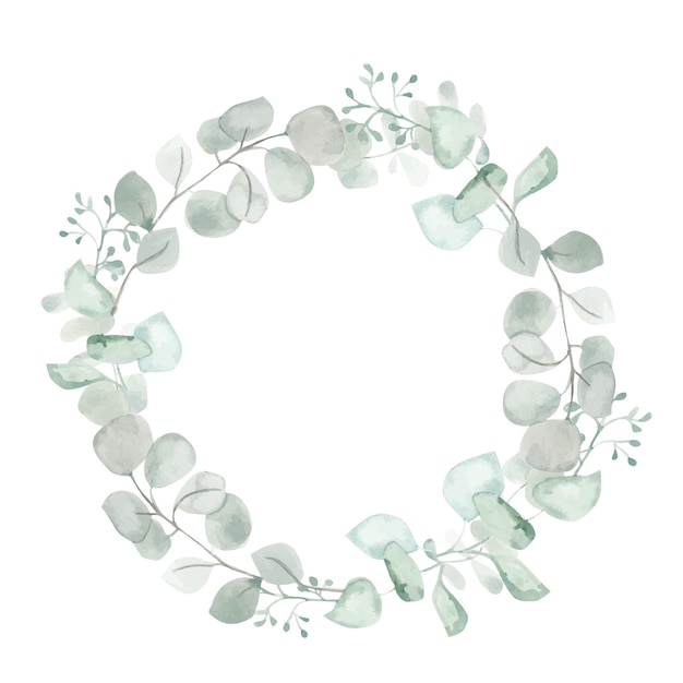 Watercolor vector round wreath with silver dollar eucalyptus