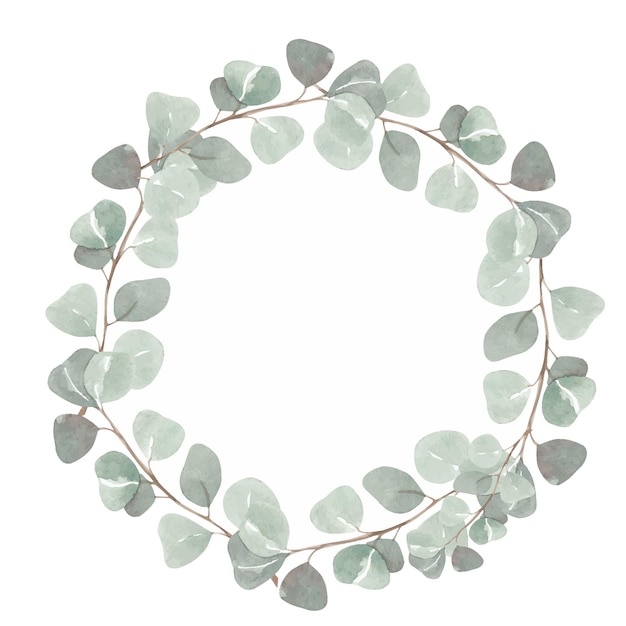 Watercolor vector round wreath with silver dollar eucalyptus