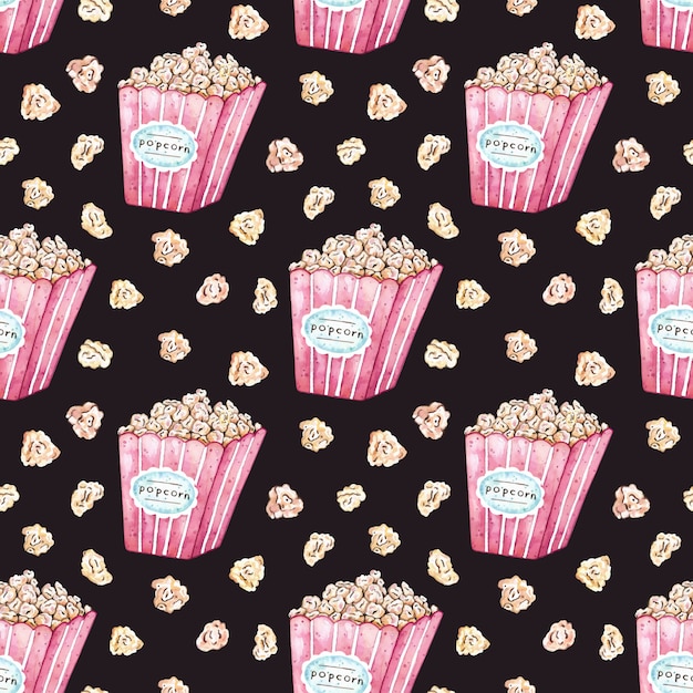 Watercolor vector seamless pattern with popcorn bucket. 