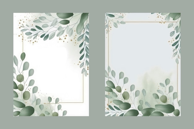 Watercolor vector set wedding invitation card template design with green eucalyptus leaves