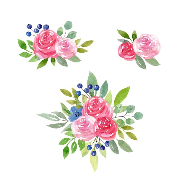 Watercolor vector set with pink roses blue flowers and greenery bouquets Hand drawn illustration