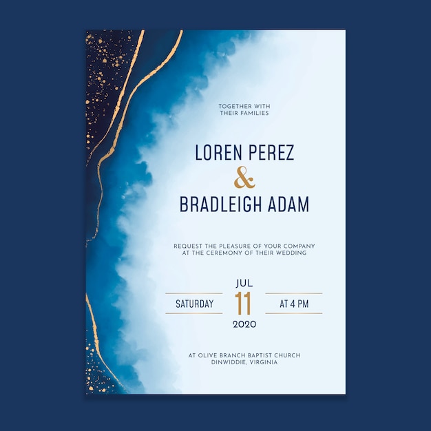 Watercolor Washes Wedding Invitation with golden splatters