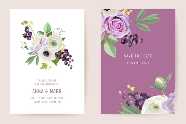 Watercolor wedding black currant berries floral invitation. Berry, anemone, peony, rose flowers, leaves card. Botanical Save the Date template vector, summer cover, modern poster, trendy design