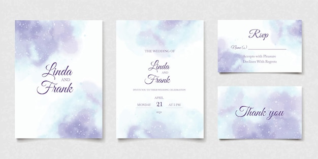 Vector watercolor wedding card blue cloud in abstract style. modern watercolor purple wedding invitation on white background. vector design art. elegant splash texture set