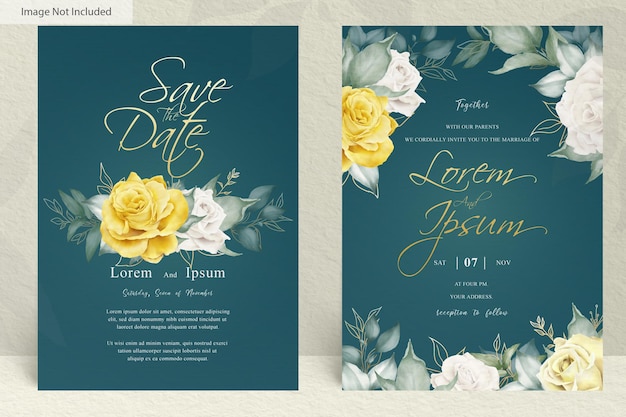 watercolor wedding card template set with floral and leaves decoration flowers illustration