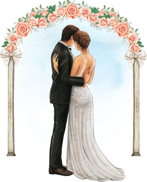 Watercolor wedding couple embracing under wedding rose arch