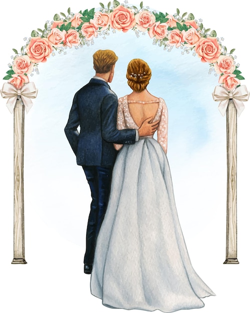 Watercolor wedding couple embracing under wedding rose arch